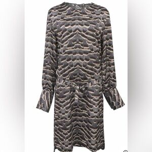 EUC Gerard Darel SZ FR 38 Charcoal Black Feather Print Dress Button Back W/Belt